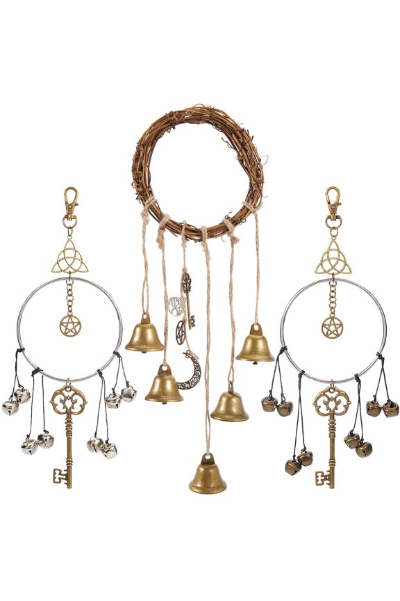 Bells Protection Door Knobs Hanging Wind Chime Boho Rattan Handmade Door Hanger Bell 2 Color Wind Chime with Star Magic Key Pendant for Home Positive Energy Decor 12.8x4.8in