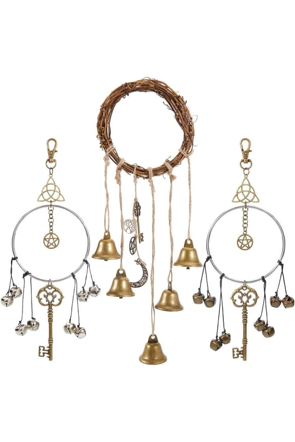 Bells Protection Door Knobs Hanging Wind Chime Boho Rattan Handmade Door Hanger Bell 2 Color Wind Chime with Star Magic Key Pendant
