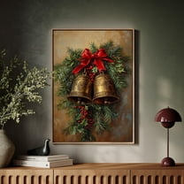 Bells Wall Art – Festive Holiday Print With Red Bow And Holly For Living Room, Kitchen, Or Entryway Decor Wall Art, Modern Wall Decor, 8x12 UNFRAMED