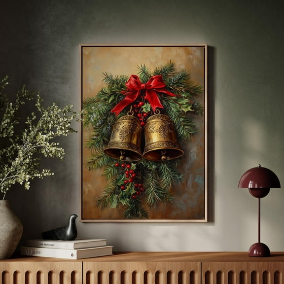 Bells Wall Art – Festive Holiday Print With Red Bow And Holly For Living Room, Kitchen, Or Entryway Decor Wall Art, Modern Wall Decor, 8x12 UNFRAMED