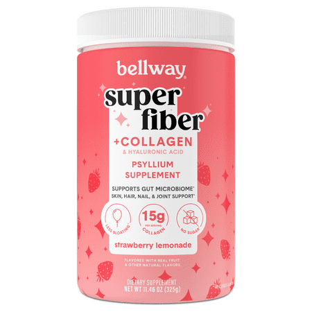 Bellway Super Fiber + Collagen, Sugar-Free Psyllium Husk Fiber Supplement, Strawberry Lemonade, 11.5 Oz