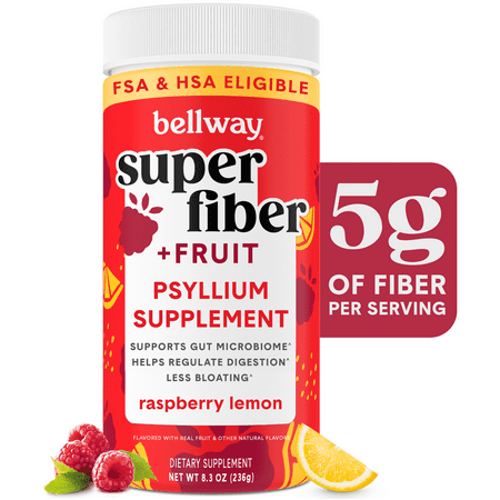 Bellway Super Fiber Powder + Fruit, Sugar Free Psyllium Husk Fiber Supplement, Raspberry Lemon, 60 Servings