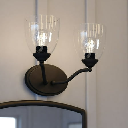 Bellwood 2-Light 13.5 in. Wide Matte Black Traditional Bathroom Vanity Lighting Fixture, Clear Seeded Bell Glass Shade, Dimmable, LED Compatible, Over the Mirror Mounted Steel Wall Sconce