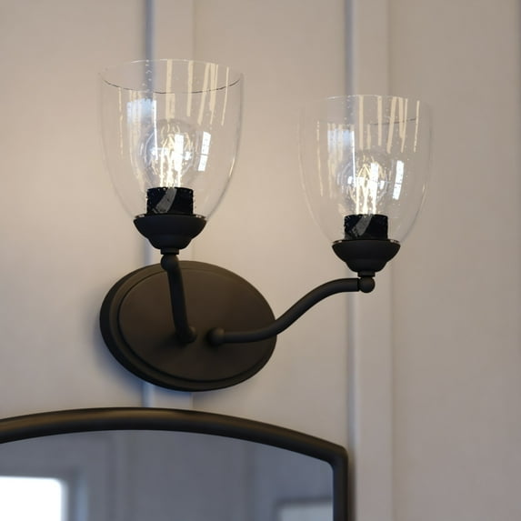 Bellwood 2-Light 13.5 in. Wide Matte Black Traditional Bathroom Vanity Lighting Fixture, Clear Seeded Bell Glass Shade, Dimmable, LED Compatible, Over the Mirror Mounted Steel Wall Sconce
