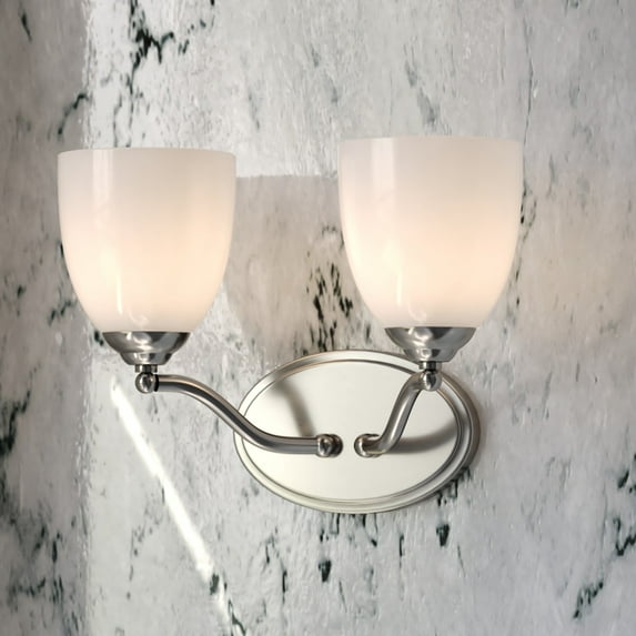 Bellwood 2-Light 13.5 in. Wide Satin Nickel Traditional Bathroom Vanity Lighting Fixture, White Frosted Bell Glass Shade, Dimmable, LED Compatible, Over the Mirror Mounted Steel Wall Sconce