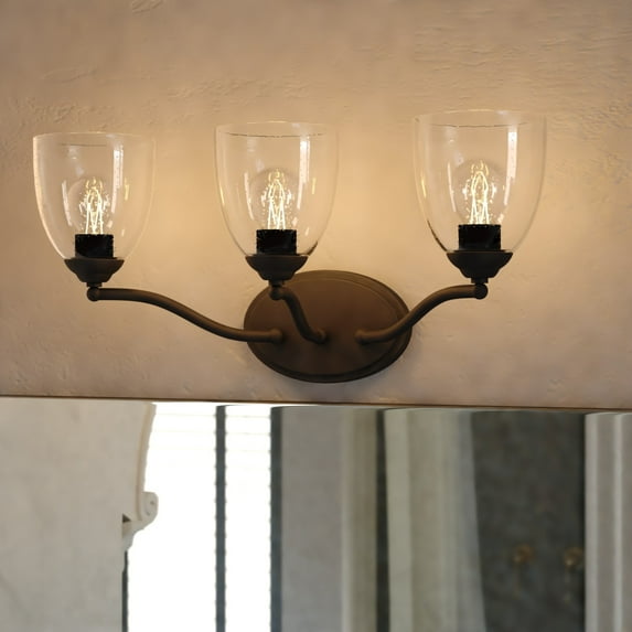 Bellwood 3-Light 21.75 in. Wide Matte Black Traditional Bathroom Vanity Lighting Fixture, Clear Seeded Bell Glass Shade, Dimmable, LED Compatible, Over the Mirror Mounted Steel Wall Sconce