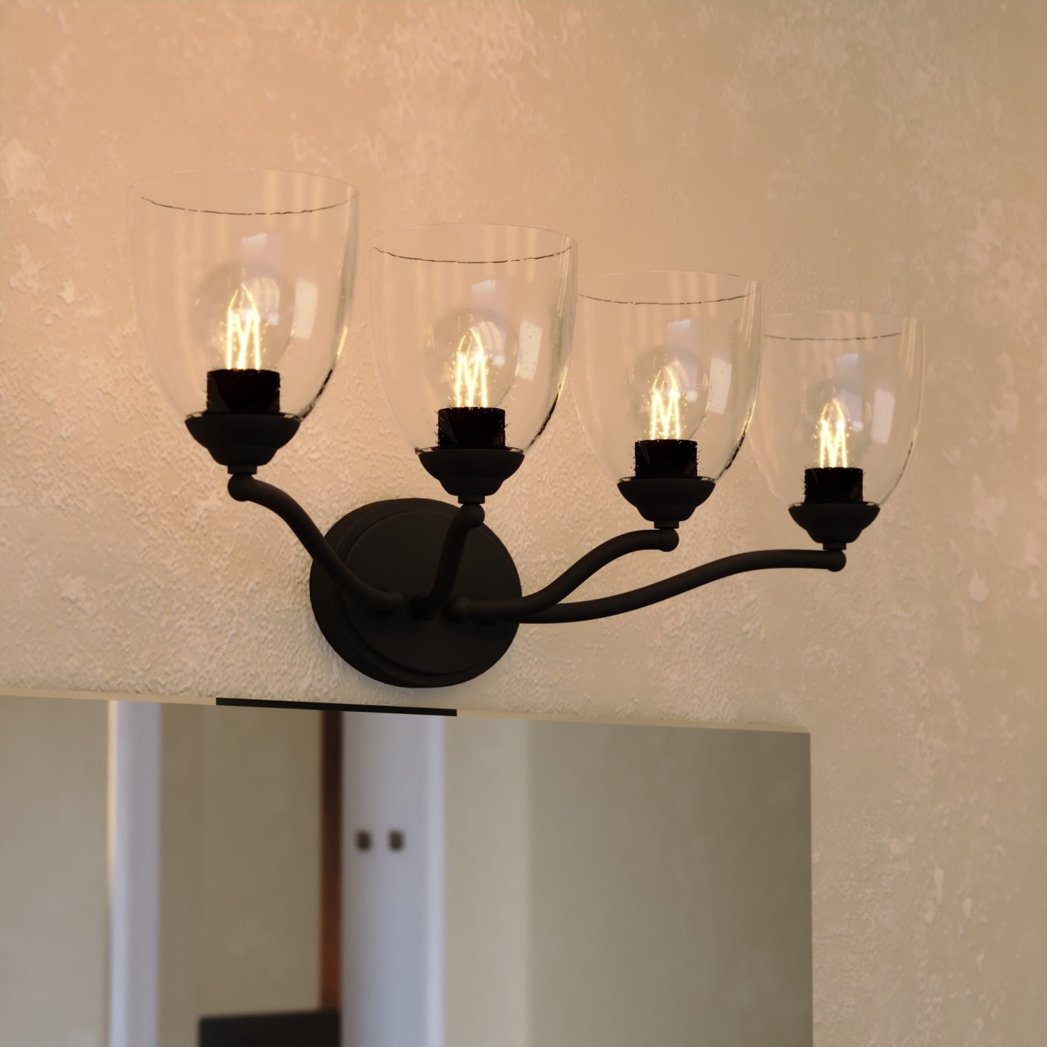 Bellwood 4-Light 28 in. Wide Matte Black Traditional Bathroom Vanity Lighting Fixture, Clear Seeded Bell Glass Shade, Dimmable, LED Compatible, Over the Mirror Mounted Steel Wall Sconce