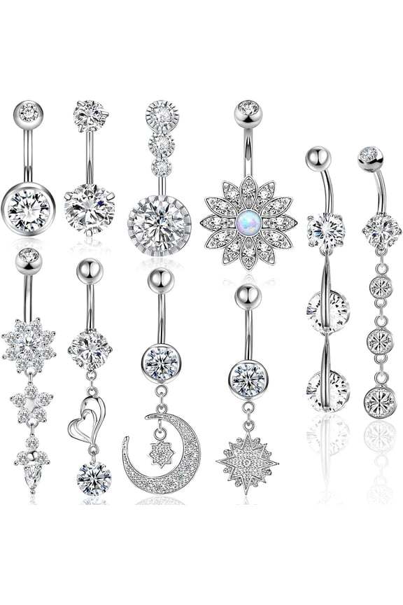 Belly Button Piercing Ring for Women Girls, 10 PCS 14G Surgical Steel Belly Button Rings Barbell Jewelry Rings Bulk for Body Piercing with Long Bar