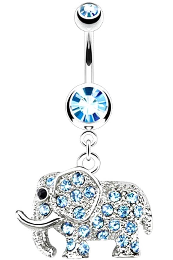 Belly Button Ring 316L Surgical Steel Multi Paved CZs Elephant Dangle Navel