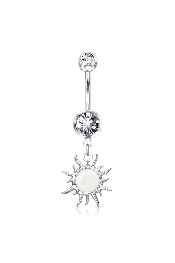 Belly Button Ring CZ Tribal Sun with Opal Glitter Center Navel