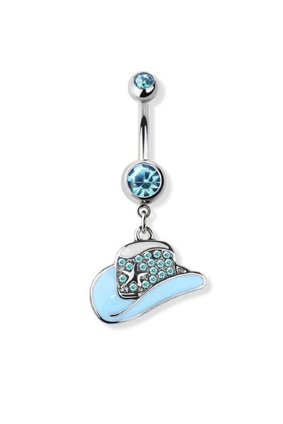 Belly Button Ring Gem Paved Cowboy Cowgirl Hat 316L surgical steel navel silver star