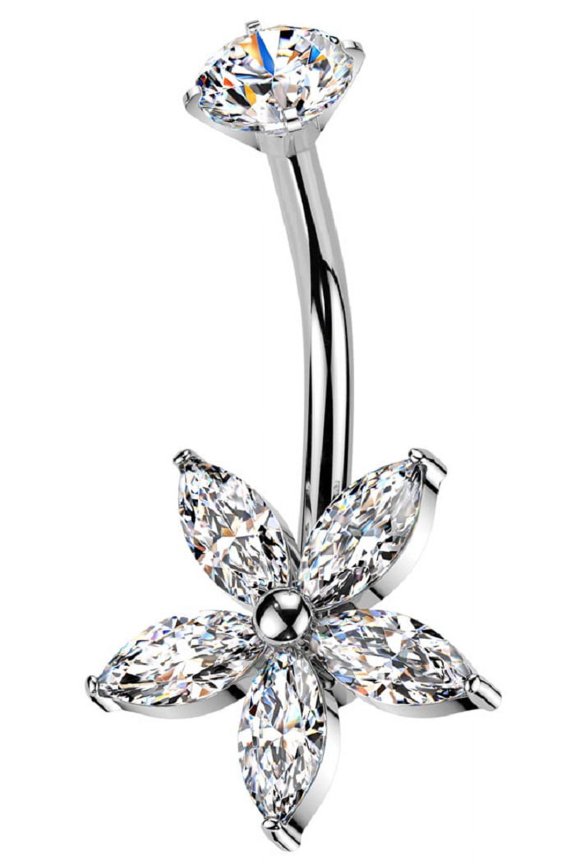 Belly Button Ring Internally Threaded Marquise CZ Flower Star
