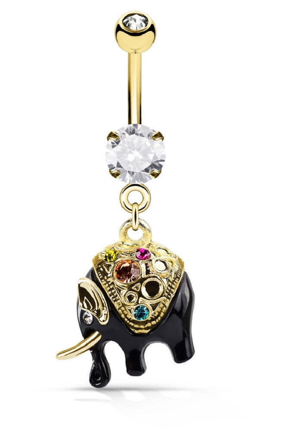 Belly Button Ring Navel Rings Multi Color Crystals Gold Black Elephant 14g