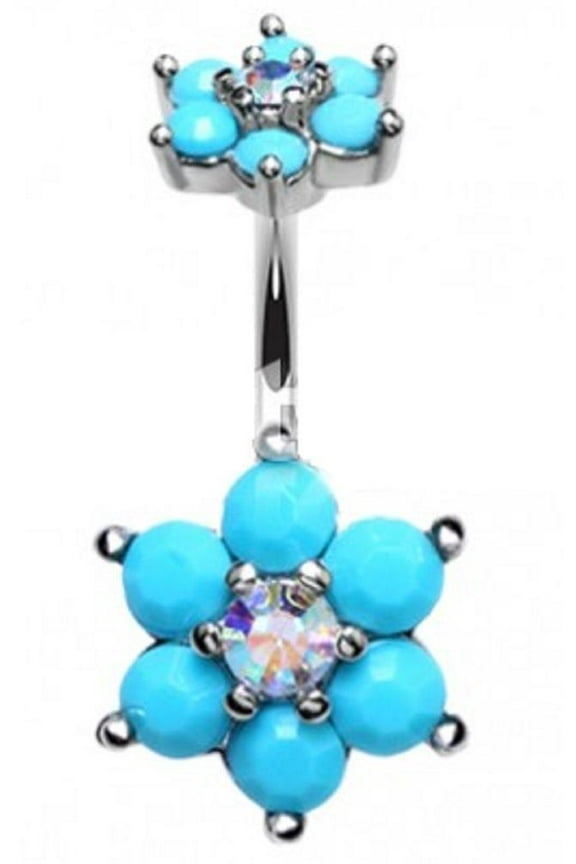 Belly Button Ring Navel Turquoise Spring Flower Sparkle Prong Setting 14g