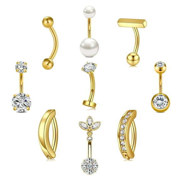 9 Pcs Gold Belly Button Ring - Surgical Stainless Steel CZ Opal Pearl Clicker Piercings for Women Navel Pack Gold