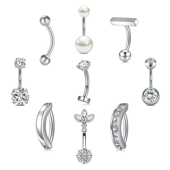 9 Pcs Silver Belly Button Ring - Surgical Stainless Steel CZ Opal Pearl Clicker Piercings for Women Navel Pack Silver