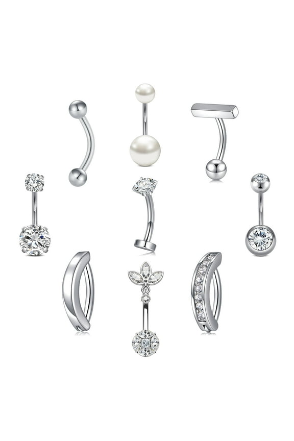 9 Pcs Silver Belly Button Ring - Surgical Stainless Steel CZ Opal Pearl Clicker Piercings for Women Navel Pack Silver