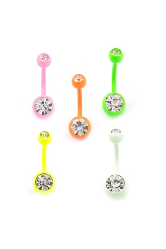 Belly Button Ring Package of 5 with Colorful enamel coated and Press fit CZ 14G