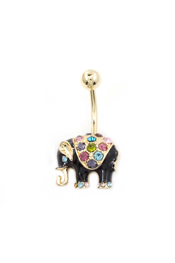 Belly Button Ring with Black Enamel Elephant Design and Multiple Color C