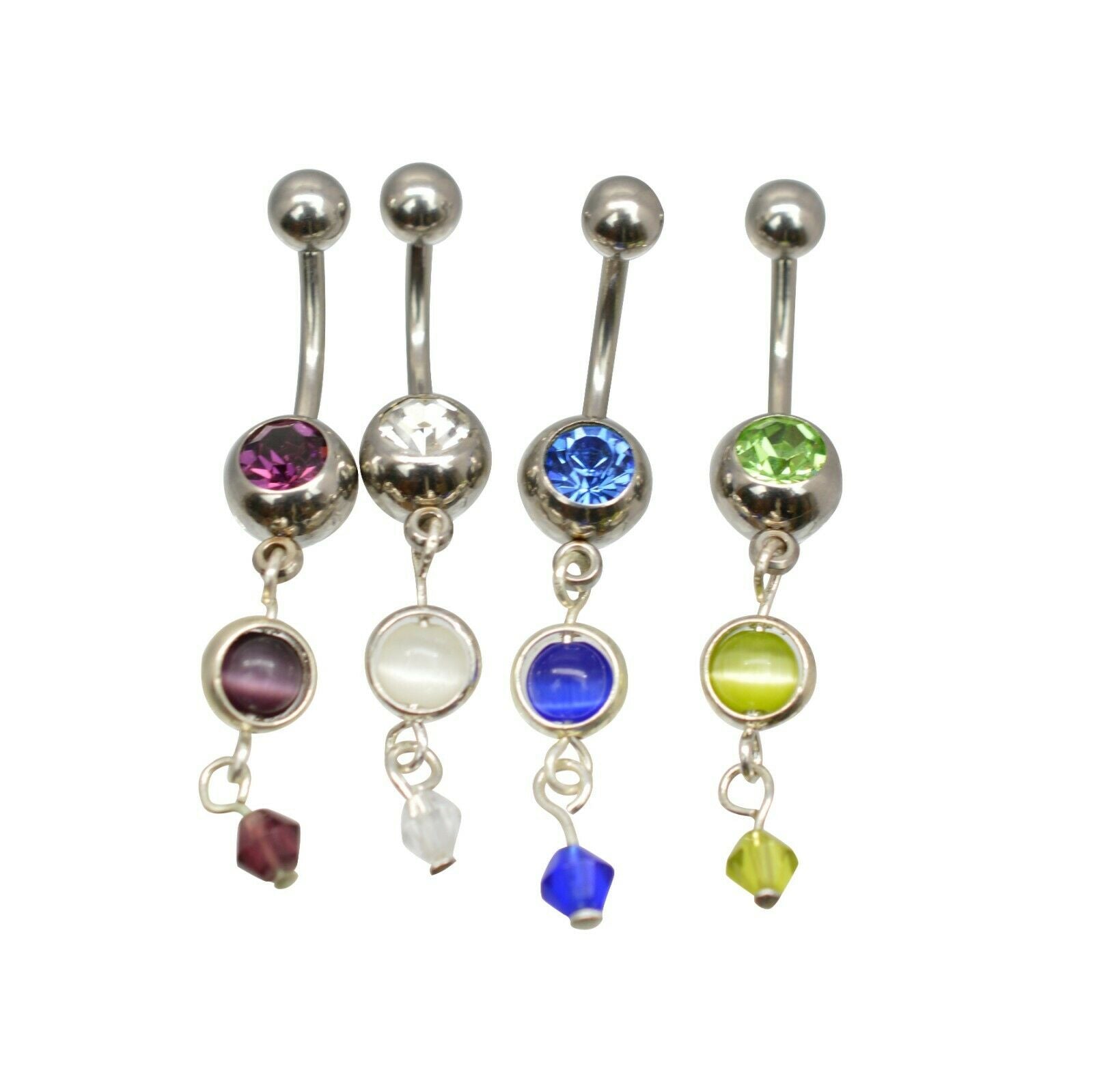 Belly Button Rings Dangle Assorted Color CZ and Opalite Pack of 4 14ga ...