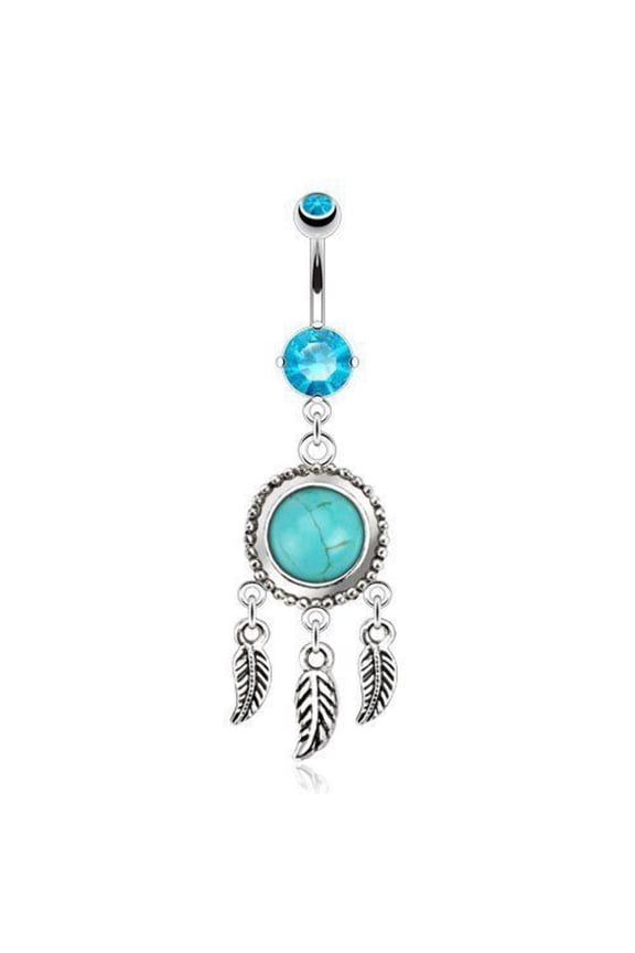 Belly Button Rings with Dream Catcher Dangle which holds a Turquoise Semi Precious Stone and Leaves