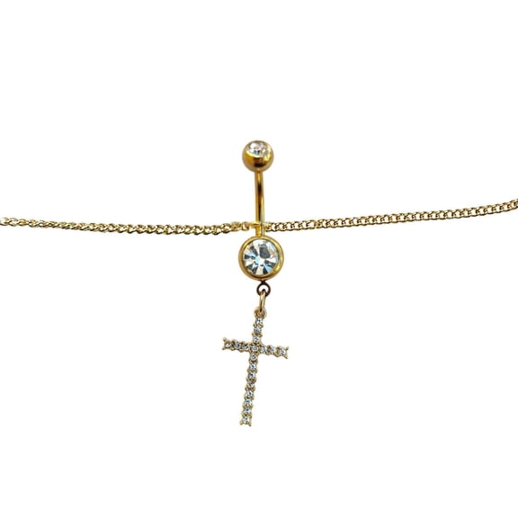 Belly Chain Button Navel Ring Surgical Steel Gold Plated Waist Belly Chain with Dangle Paved Cross Charm 14 Gauge