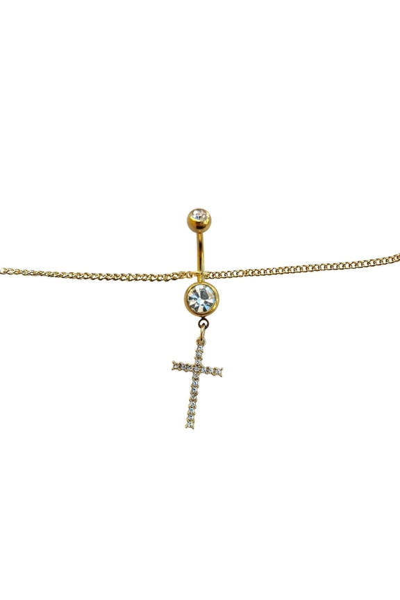 Belly Chain Button Navel Ring Surgical Steel Gold Plated Waist Belly Chain with Dangle Paved Cross Charm 14 Gauge