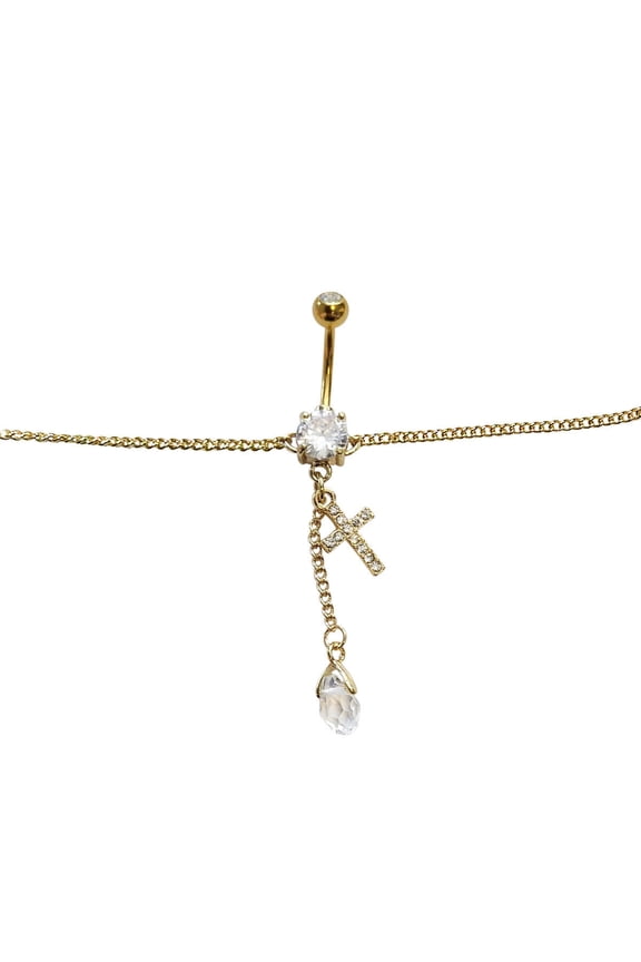 Belly Chain Navel Ring Gold Plated Waist Dangle Teardrop & CZ Cross Chain 14G