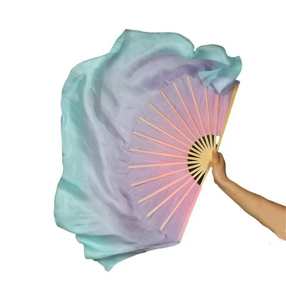 Belly Dance Fan Veil Real Silk Two Layers Short Fan Dream Color Light Weight Gradient For Folk Dance