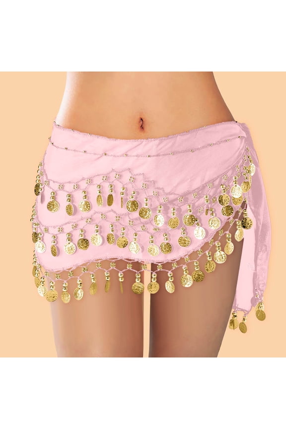Belly Dance Hip Scarf, Belly Dance Skirt Chiffon Belly Dance Belt with 128 Gold Coins Belly Dancing Skirts Wrap For Performances And Parties