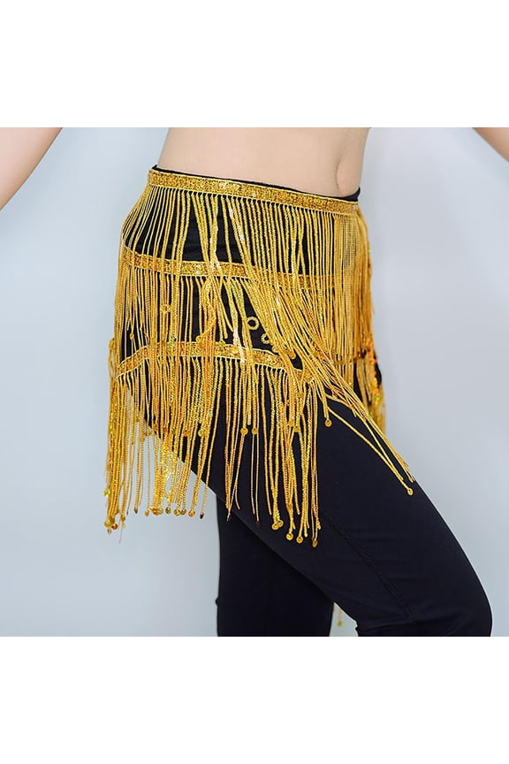 Belly Dance Hip Scarf - Hip Wrap Fringe Sequin Sparkly Dancing Belt Triangle Tassel Belts Waist Mini Skirts for Women/Girls Yellow One Size