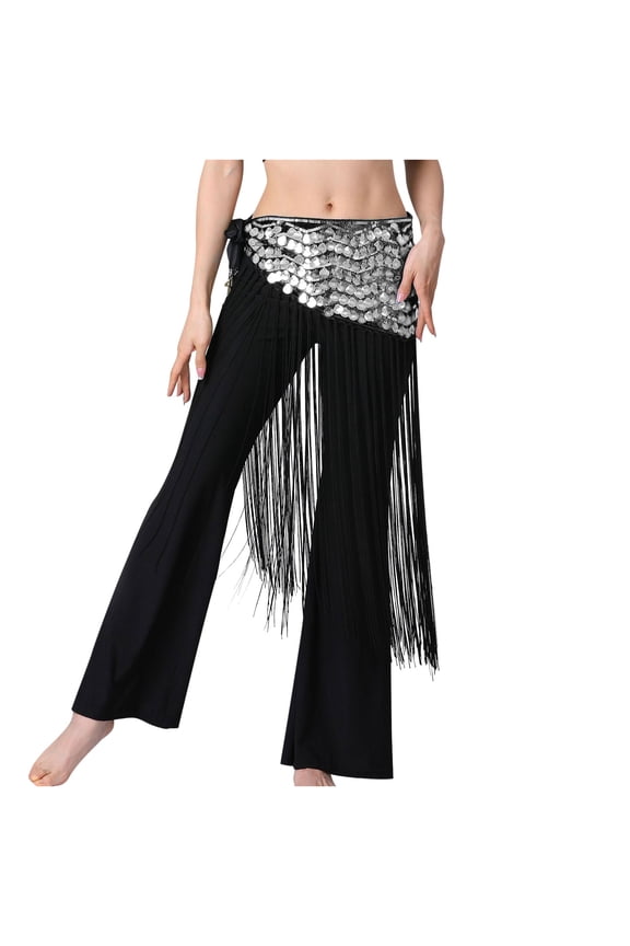 Belly Dance Hip Scarf Tassels Sequins Triangle Wrap Skirt with Coins Belly Dance Performance Costume Festival Skirt Black Free Size