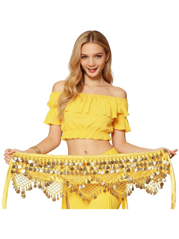 Belly Dance Hip Scarf with Silver Coins, Chiffon Wrap Skirt, 128 Coin Sash for Women for Belly Dance