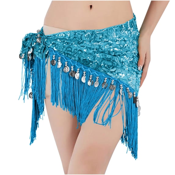 Belly Dance Hip Scarf with Tassels Sequins, Triangle Coins Wrap Skirt Music Festival Clothing Blue Free Size