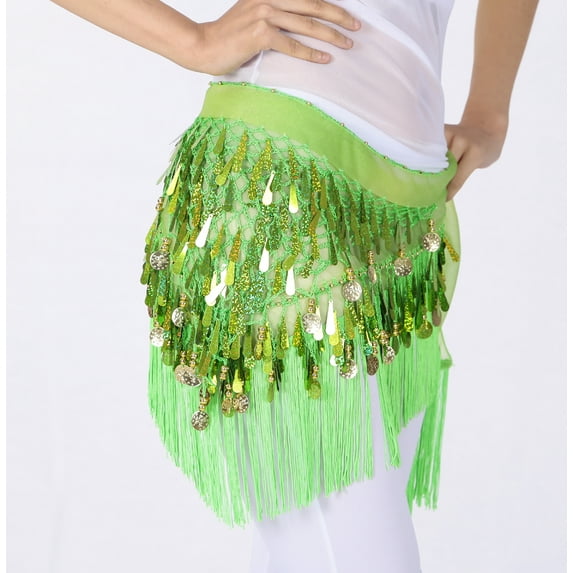 Belly Dance Hip Scarf with Tassels Sequins Triangle Coins Wrap Skirt Music Festival Clothing,Green