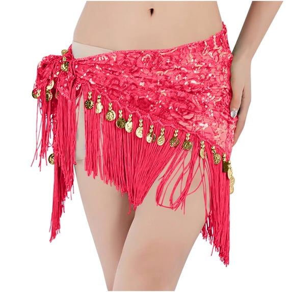 Belly Dance Hip Scarf with Tassels Sequins, Triangle Coins Wrap Skirt Music Festival Clothing Red Free Size