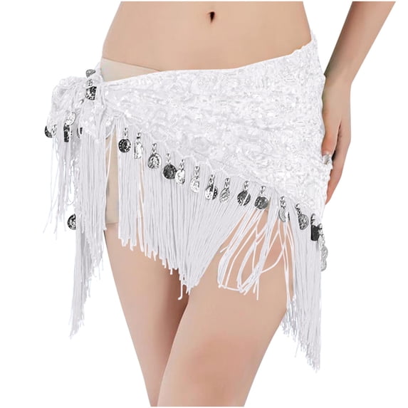 Belly Dance Hip Scarf with Tassels Sequins, Triangle Coins Wrap Skirt Music Festival Clothing White Free Size