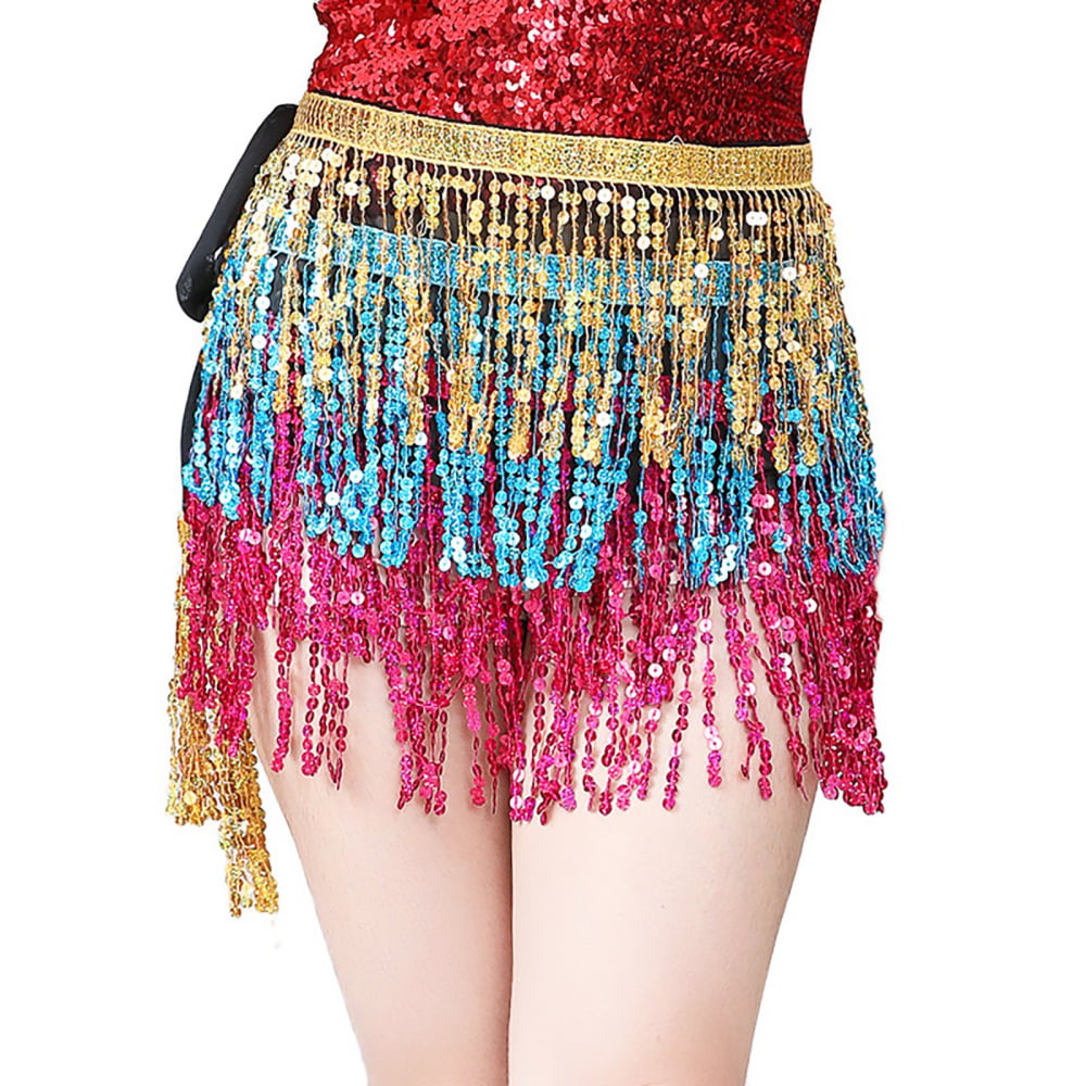 WULIQIUQIU Women's Belly Dance Hip Scarf Sequined Fringe Dance Skirt Rave  Music Festival Costumes for Girls