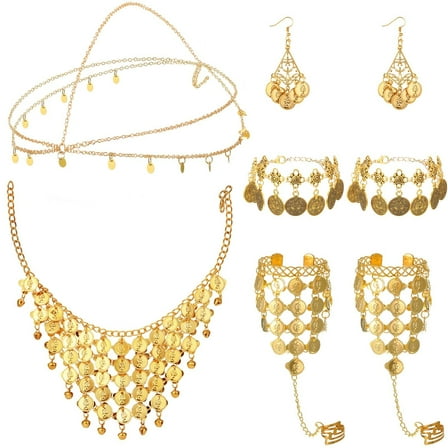 Belly Dance Jewelry Set Women Sequins Head Chain Coins Necklace Earrings Bracele