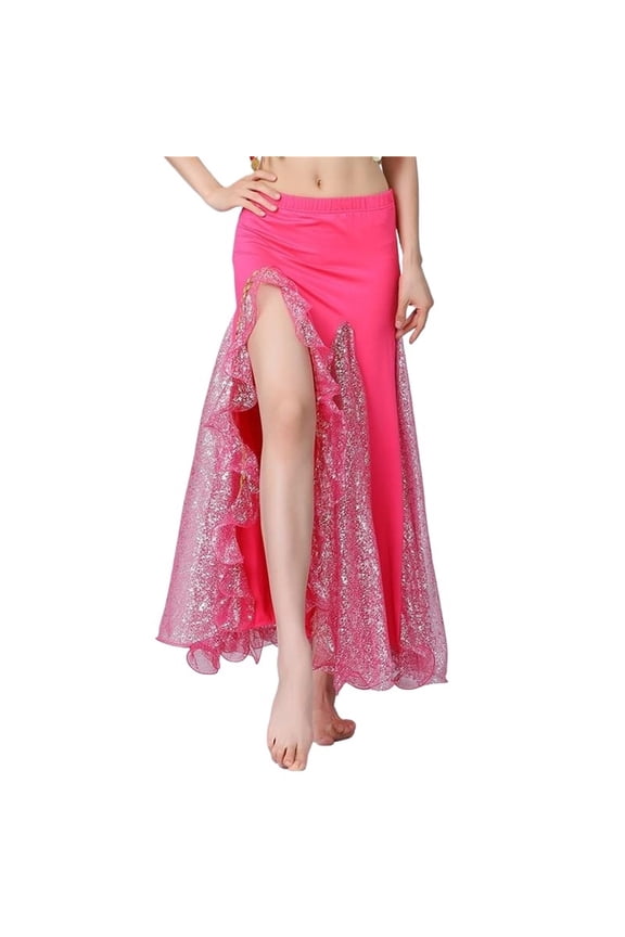 Belly Dance Sequin Split Skirt Women Dance Hip Skirt Lady Stage Performance Long Dress Dance Practice Half Skirt