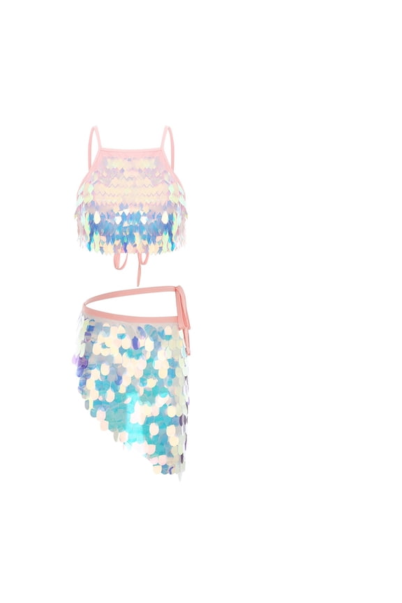 Belly Dance Sets Glitter Tassel Bra and Lace-up Hip Scarf Miniskirt for Tango Latin Dancing