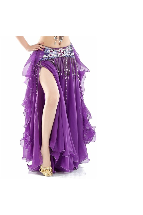 Belly Dance Skirt Chiffon Curled Leaf Double Slit Ear Skirt Gauze Skirt High Slit Skirt For Adult Women Performance Practice