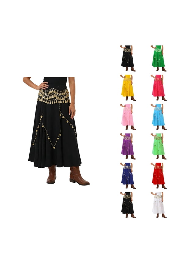 Belly Dance Skirt Flowy A Line Midi Chiffon Skirt Coin Skirts for Belly Dance Performance
