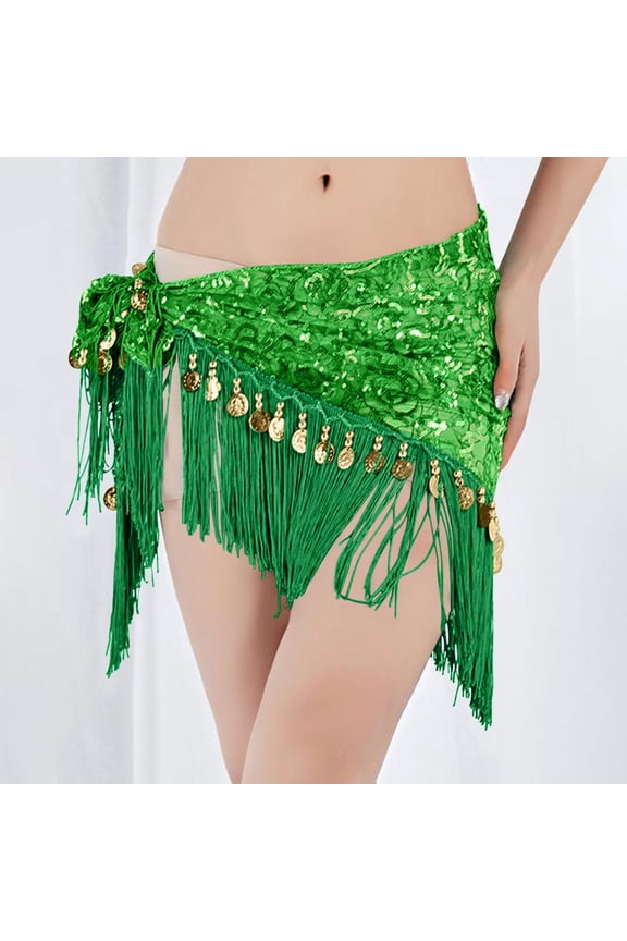 Belly Dance Skirt Hip Scarf Womens Sparkly Fringe Hip Wrap Belt Dance Performance Mini Skirts Green One Size