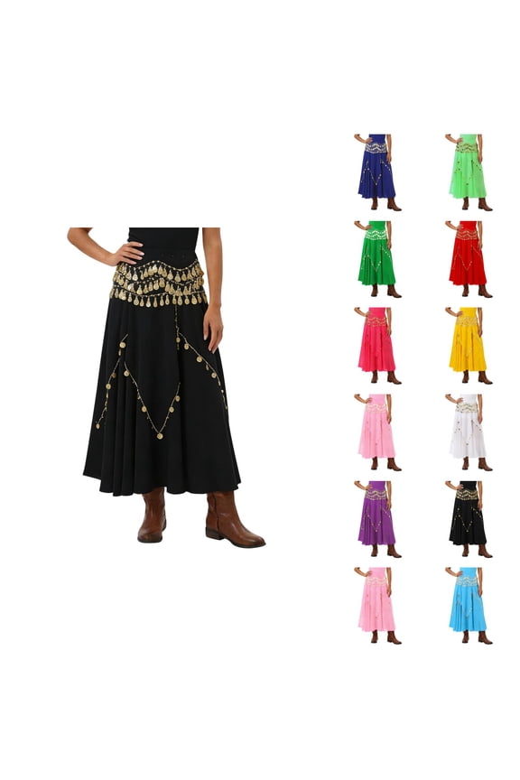 Belly Dance Skirt Trendy Flowy A Line Midi Chiffon Skirt Coin Skirts for Dance Performance Party Music Festival Clothing
