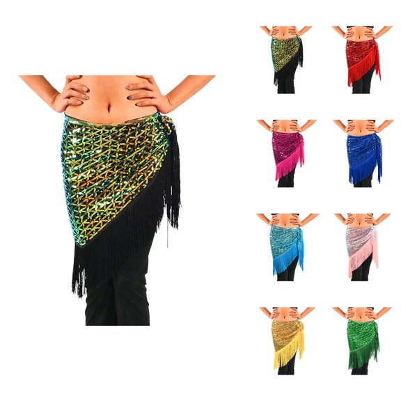 Belly Dance Skirt for Women Hip Scarf with Tassel Latin Dance Skirt Sparkly Sequin Fringe Skirts
