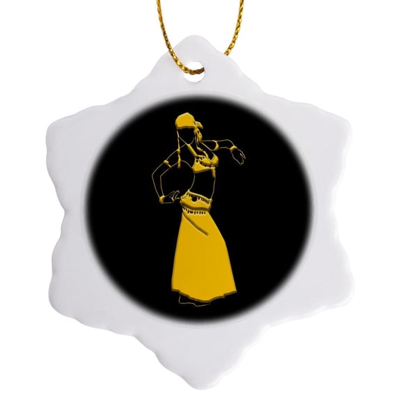 3drose, Belly Dancer Silhouette. Smooth Movement. Yellow on Black Gift, 3 inch Snowflake Porcelain Ornament