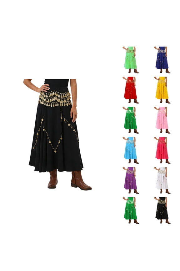 Belly Dance Skirt Casual Ruffled A Line Chiffon Midi Skirt Coin Skirts for Dance Performance Party Music Festival Clothing