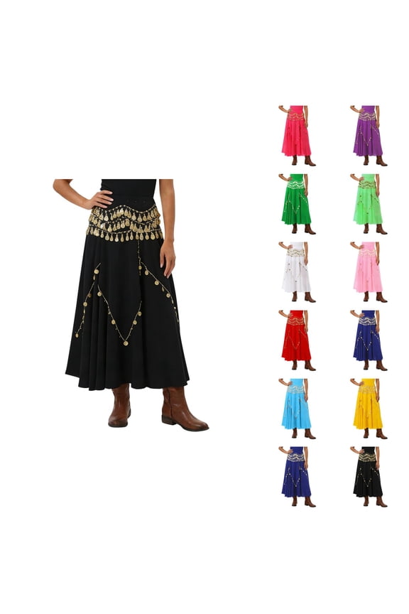 Belly Dancer Skirt Fashionable Flowy A Line Chiffon Midi Skirt with Coins Pirate Skirts for Yoga Belly Dancing