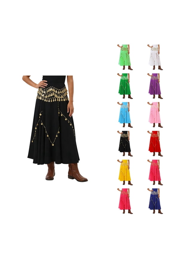 Belly Dancer Skirt Ruffled A Line Chiffon Midi Skirt with Coins Pirate Skirts for Indian Dance Practice
